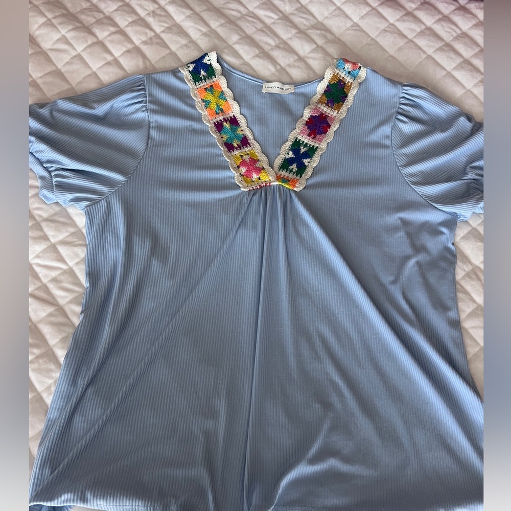 Blue Women's Top with Colorful Embroidery